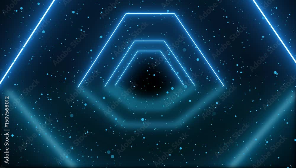 Poster 4k neon glowing triangle tunnel with light lines on a transparent background. neon glowing triangle 