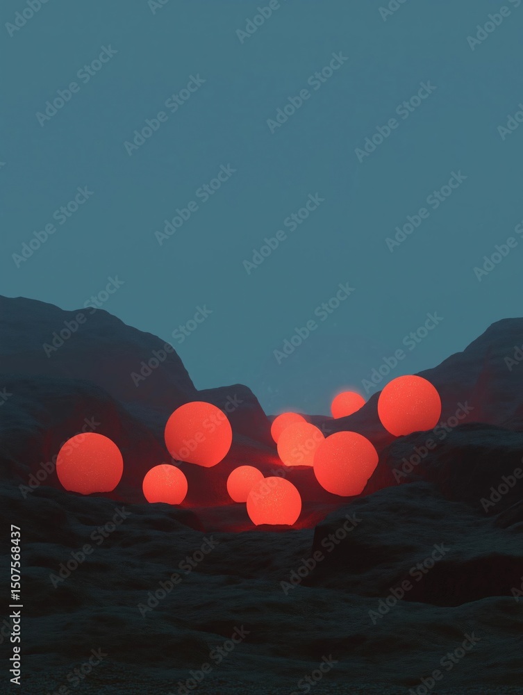 Poster group of red spheres floating on top of a rocky surface. the spheres are spherical in shape and appe