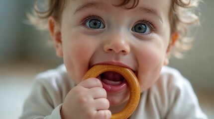Baby smiling while holding teething ring in cozy indoor setting  