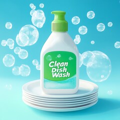 Dishwashing liquid bottle with bubbles and plates.