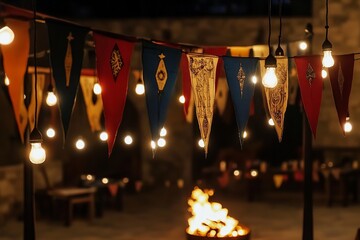 Close-up of colorful São João flags with string lights, glowing warmly, and a festive bonfire in the background, perfect for June celebrations.

