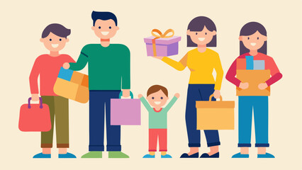 Family Shopping Day A family of four two adults and two children happily sorting through various shopping bags and boxes with the kids holding up their new toys.