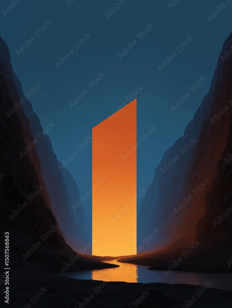 Aufkleber digital illustration of a large orange cube in the middle of a canyon. the cube is in the center of 