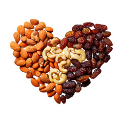 luxury dry fruits arranged in the shape of a heart golden almonds, plump raisins, cashew curls, rich brown dates, and pistachio halves forming clean edges, warm lighting and emotional appeal