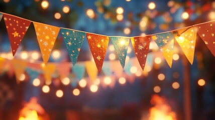 Close-up of colorful S&atilde;o Jo&atilde;o flags with string lights, glowing warmly, and a festive bonfire in the background, perfect for June celebrations.

