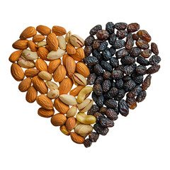 luxury dry fruits arranged in the shape of a heart golden almonds, plump raisins, cashew curls, rich brown dates, and pistachio halves forming clean edges, warm lighting and emotional appeal
