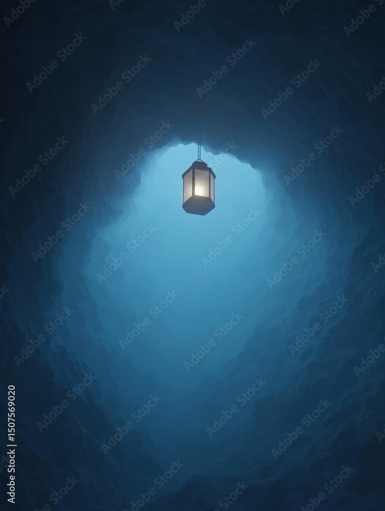 Aufkleber digital illustration of a lantern hanging from the ceiling in the middle of a dark blue tunnel. the 