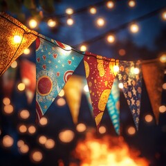 Close-up of colorful São João flags with string lights, glowing warmly, and a festive bonfire in the background, perfect for June celebrations.

