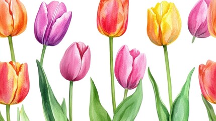 Fototapeta premium Vibrant tulips in various shades of pink, orange, and yellow, arranged on a white background