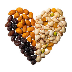 luxury dry fruits arranged in the shape of a heart golden almonds, plump raisins, cashew curls, rich brown dates, and pistachio halves forming clean edges, warm lighting and emotional appeal