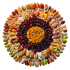 mandala pattern made entirely from dry fruits pistachios, almonds, dates, raisins arranged in circular symmetry, shot from top with precision detail, earthy spiritual vibe, isolated on transparent bac