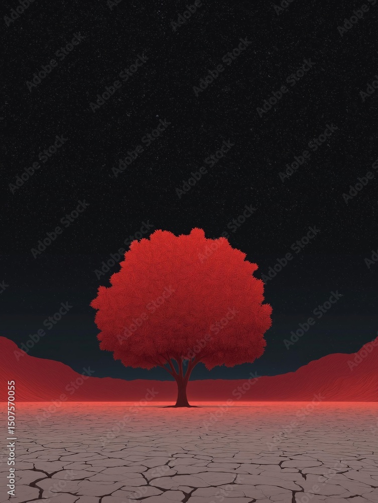 Poster digital illustration of a single tree in the middle of a barren landscape. the tree is a large, red 