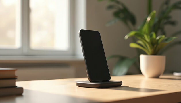 Smartphone device on wooden table in modern minimalist workspace. Black screen phone stands on wireless charger. Interior design with houseplant, window. Home office setup, digital tech concept.