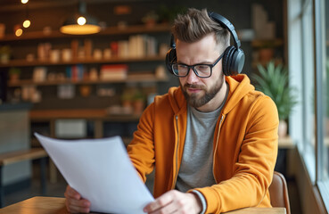 Man wearing glasses, headphones, orange hoodie works on paper at coffee shop. Focused on work, business, freelancer. Casual workplace tech in cafe, entrepreneur, remote work, lifestyle, inclusive