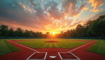 Scenic sunset over baseball field. Baseball stadium with green grass outfield, red base paths. Gold hour sky. Serene landscape, evening twilight, copy space for text. Sport, recreation, tranquil mood.