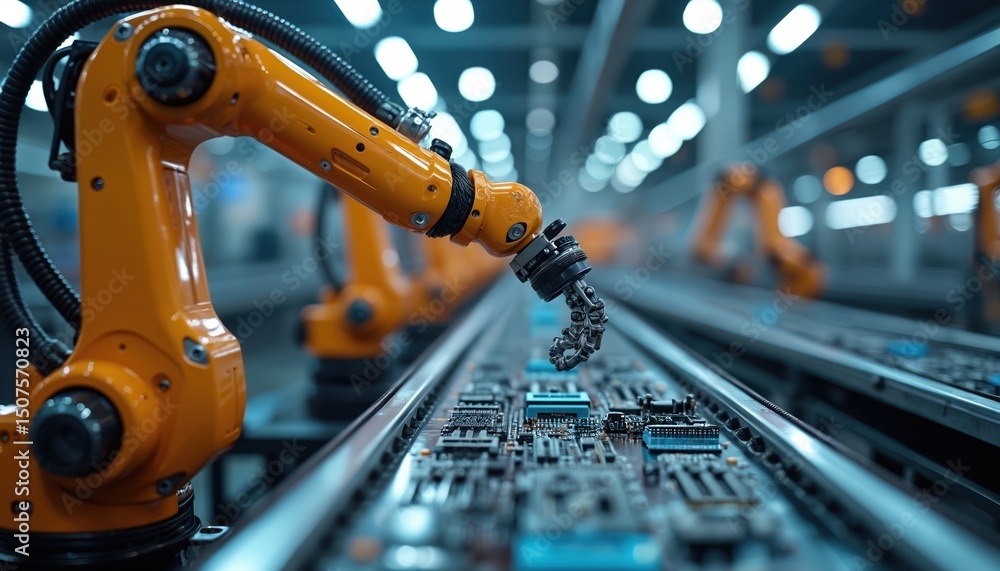 Poster robotic arms work on assembly line. modern factory, production automation. high-tech manufacturing p