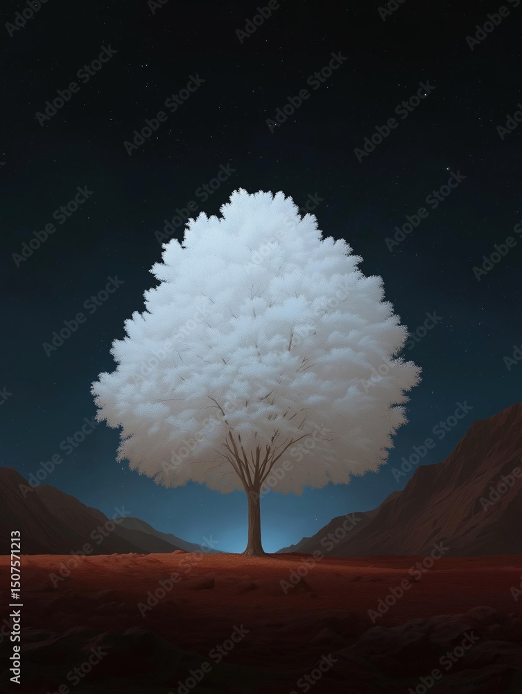 Poster digital illustration of a large tree in the middle of a desert landscape. the tree is tall and slend