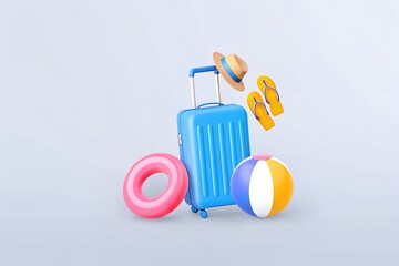Embrace the Journey with 3D Travel Icons Featuring Blue Suitcase Yellow Hat Float Ring and Flip-Flops for Summer Escapes