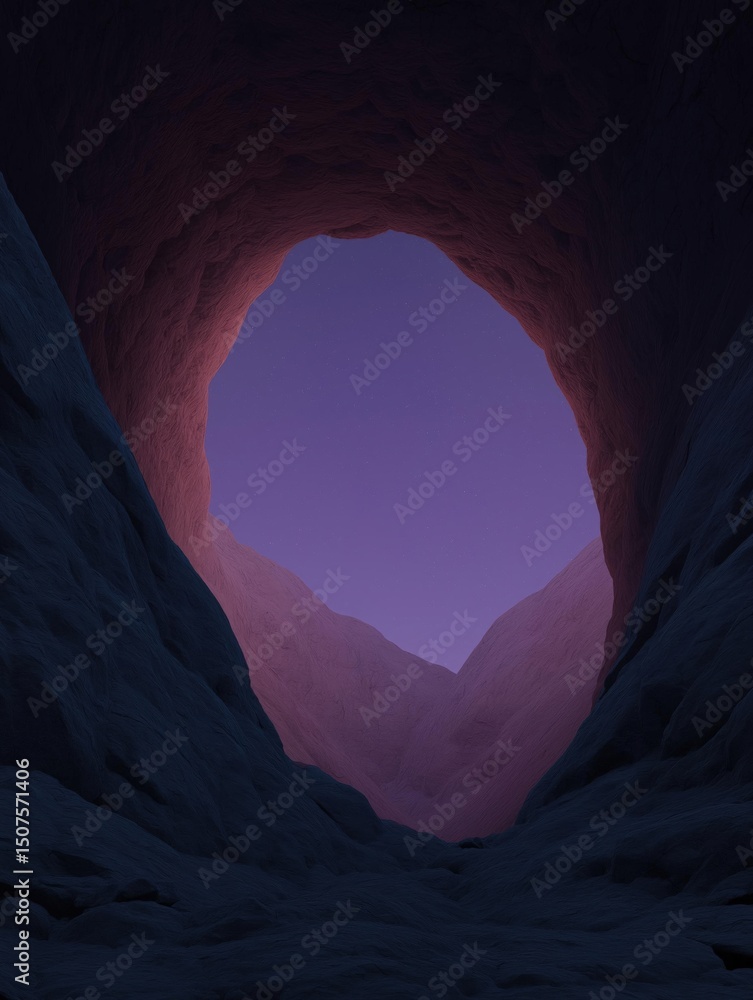 Poster digital illustration of a cave with a large archway in the center. the archway is made of dark red r