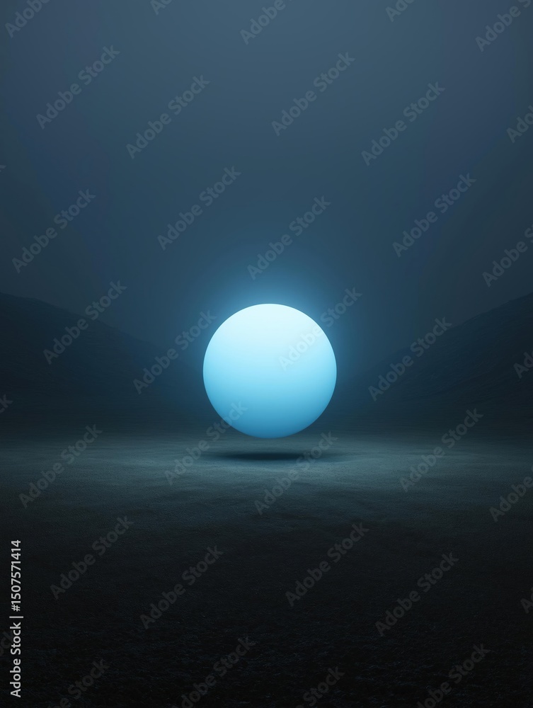 Aufkleber digital illustration of a single blue sphere in the middle of a dark, foggy landscape. the sphere is