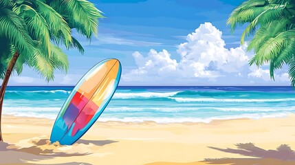 Colorful surfboard on a tropical beach scene.