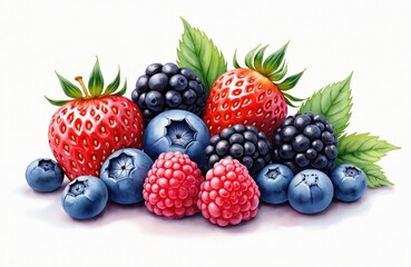 Watercolor illustration of various berries on white background. Healthy food composition includes strawberries, blueberries, blackberries, raspberries. Fresh dessert, organic fruit for vegetarian