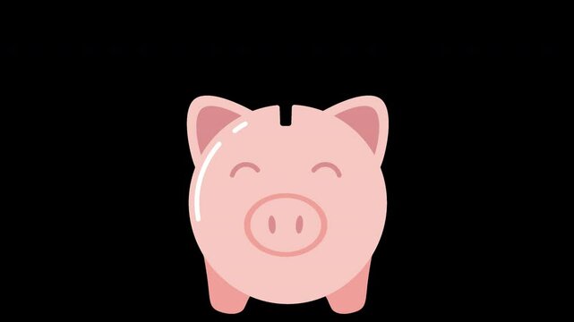 Flat animated illustration of a piggy bank with a gold coin falling into the slot. Ideal for finance apps, saving goals, or banking interfaces. Transparent Background