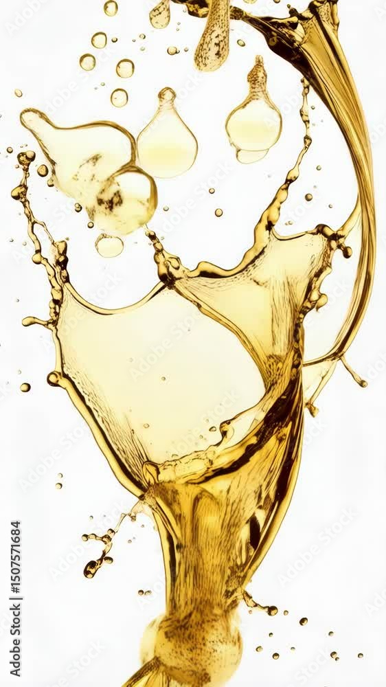 Poster golden fluid splash against white backdrop creating a dynamic abstract design with droplets, waves, 