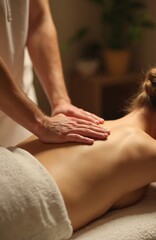 Fototapeta premium Therapist giving back massage in spa. Hands massaging back. Woman on massage table in wellness center. Body care health concept. Stress relief treatment.