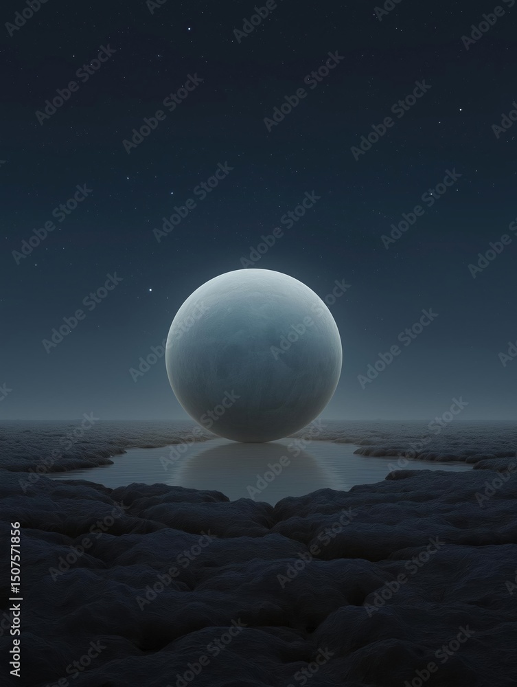 Poster digital illustration of a large, spherical object in the middle of a vast, barren landscape. the obj