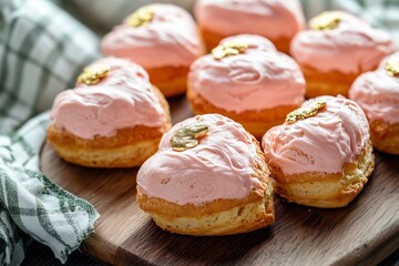 Heart-shaped pink choux pastries with craquelin crust and edible gold leaf. Romantic dessert for Valentine's Day