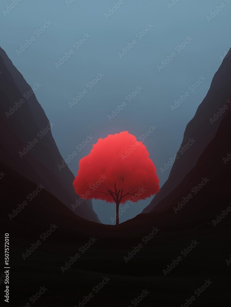 Aufkleber digital illustration of a single tree in the middle of a mountainous landscape. the tree is in the c