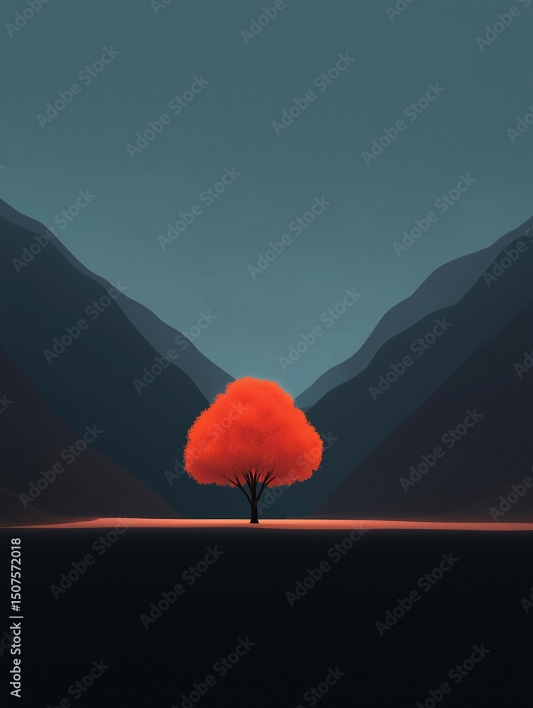 Aufkleber digital illustration of a lone tree in the middle of a vast landscape. the tree is in the center of 