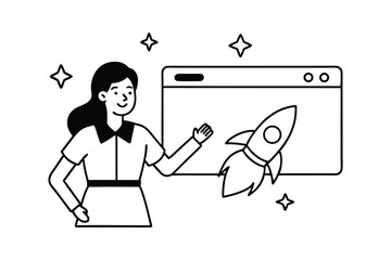 Woman presenting startup rocket launch on screen