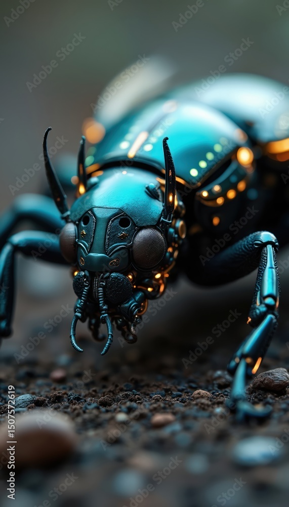 Poster macro view technological ai insect with cybernetic features futuristic design. robotic insect with g