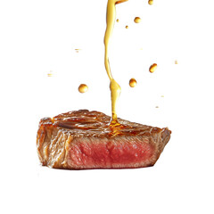 perfectly cooked medium-rare steak with sauce splashing off in all directions, crispy edges, and tender red center, vibrant oil droplets flying, isolated on transparent background, png cutout