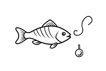 Line art illustration of fish biting fishing hook bait