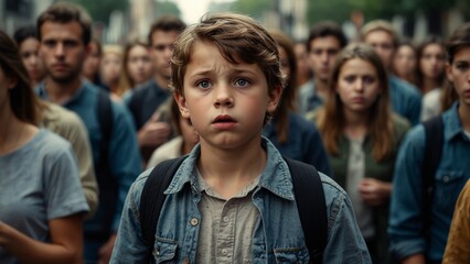 a frightened lost boy standing in the crowd ....