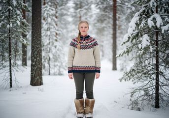 Woman in Fair Isle Sweater in Snowy Forest