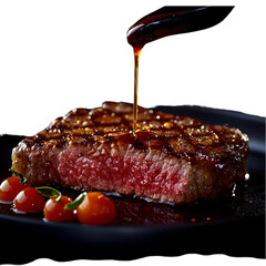 perfectly cooked medium-rare steak with sauce splashing off in all directions, crispy edges, and tender red center, vibrant oil droplets flying, isolated on transparent background, png cutout