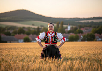 Slovak Woman in Traditional Dress in Wheat Field