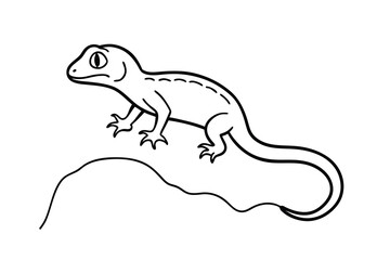 Adorable cartoon gecko on a rock simple line drawing