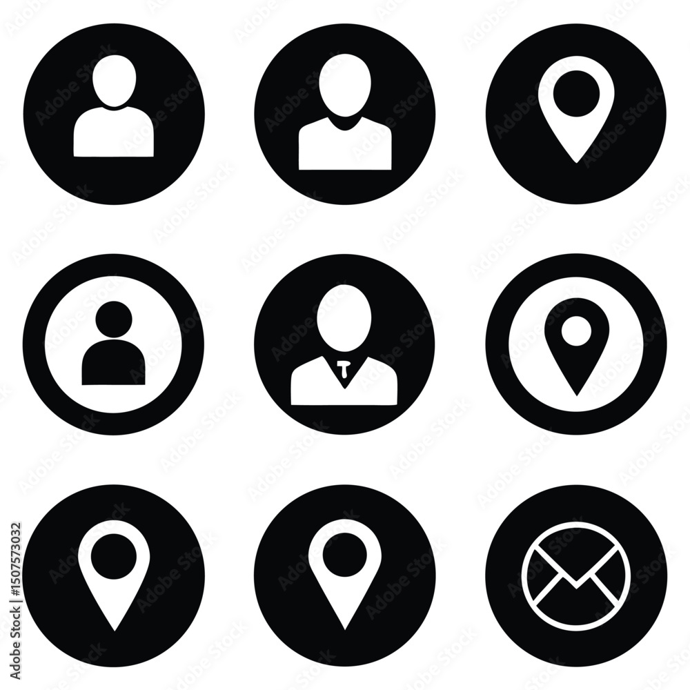Poster a collection of black and white user location and contact icons in circular frames
