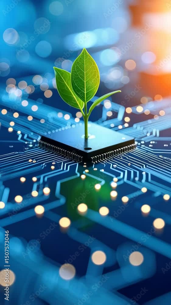 Poster emerging tech conceptual image of green plant growing on circuit board with digital network backgrou