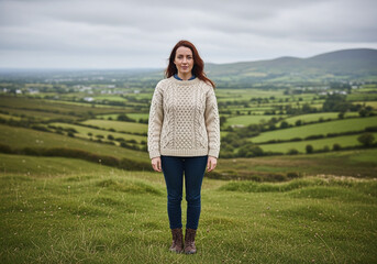 Woman in Aran Sweater Stands in Irish Countryside