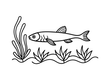 Line art illustration of a fish swimming underwater among aquatic plants