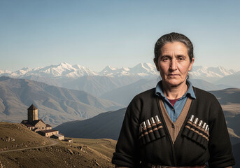 Georgian Woman in Traditional Attire before Mountain Church