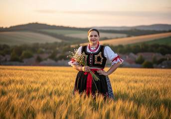 Woman in Traditional Slovak Folk Costume in a Wheat Field
