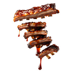 rack of tender ribs suspended in mid-air, barbecue sauce splashing out in large droplets, juicy glaze dripping down with spicy red hues, isolated on transparent background, png cutout