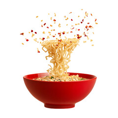 ramen bowl with noodles suspended mid-air, broth splashing with fresh garlic, sesame oil, and chili flakes flying, rich texture and steam rising, isolated on transparent background, png cutout